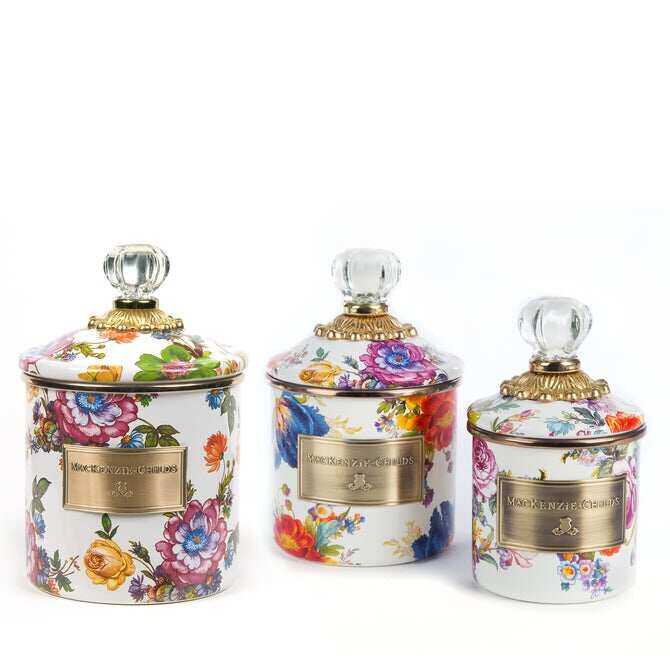 White Flower Market Enamel Canisters