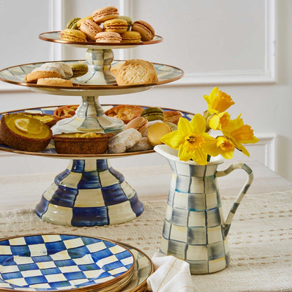 Luxury Dining Sterling Check Enamel Pedestal Platter - Small