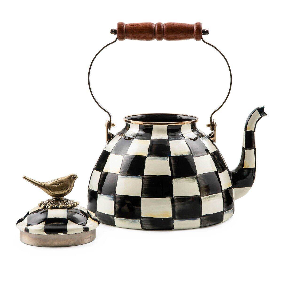 Iconic Black & White Courtly Check Enamel Tea Kettle with Bird 2.84L