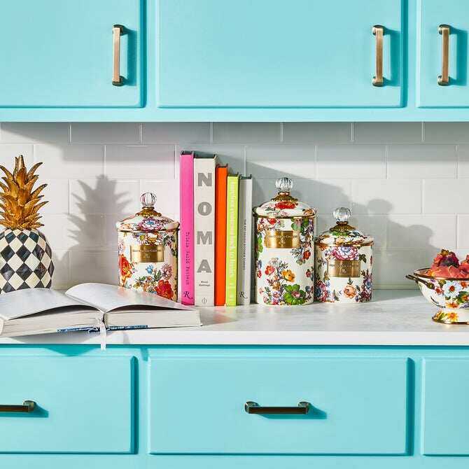 White Flower Market Enamel Canisters