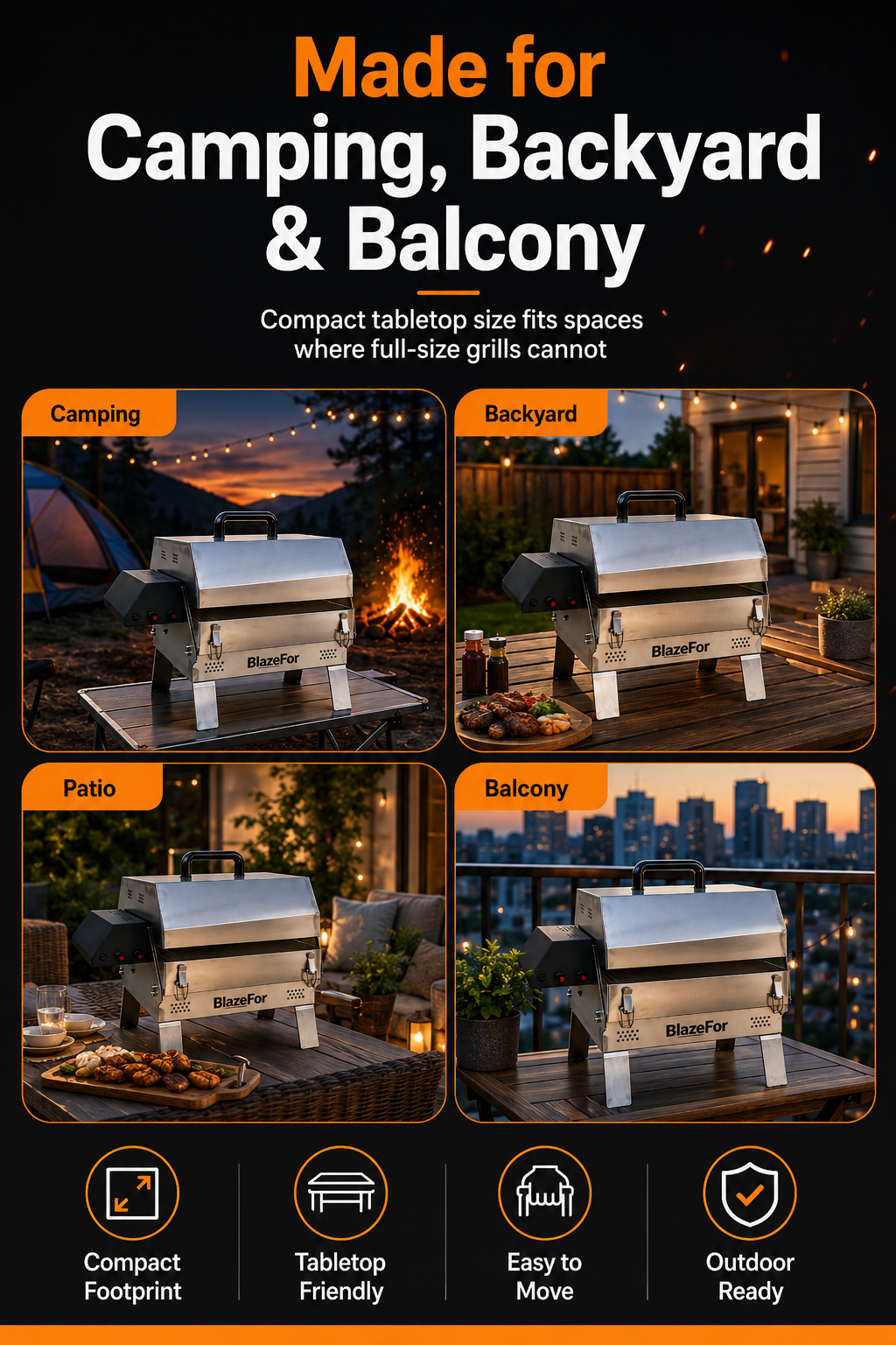 Automatic Rotating Charcoal Grill, 3-in-1 Stainless Steel Portable Barbecue Grill with Rotating Attachment